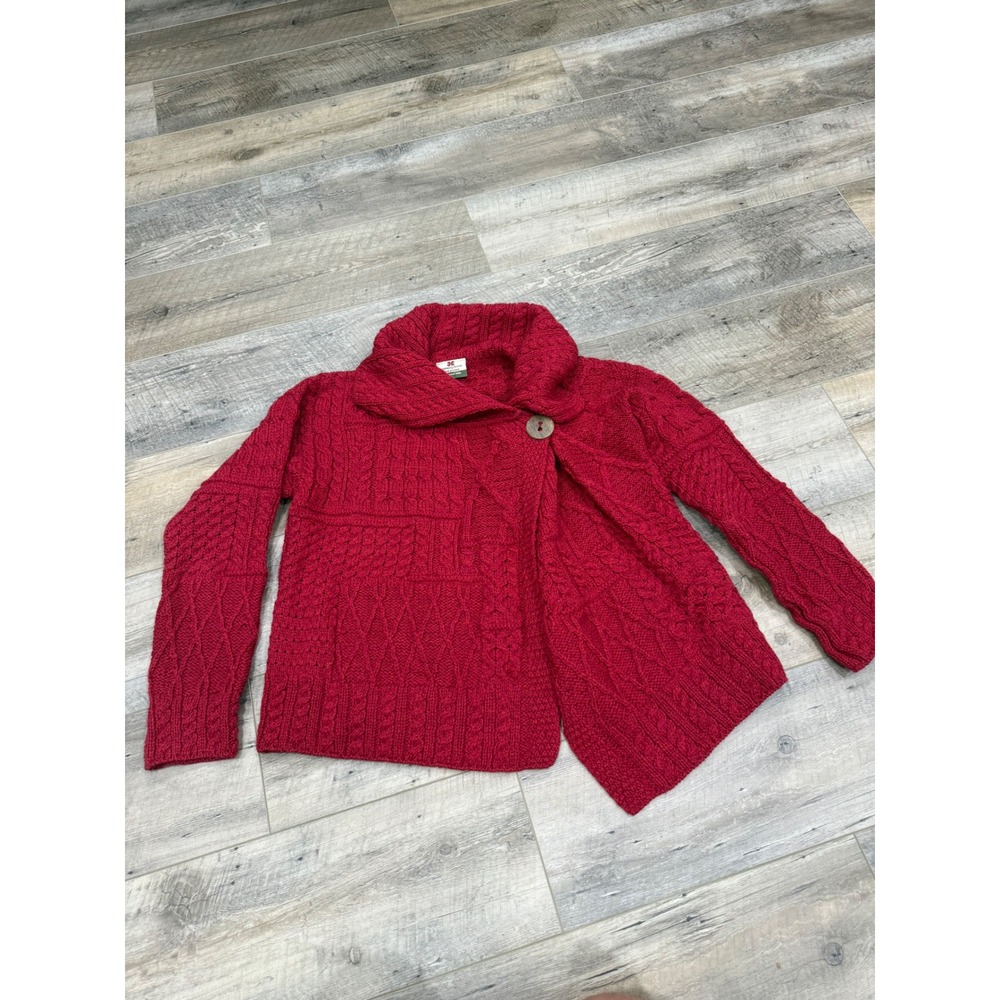 Carraig Donn Red 100% Merino Wool Aran Cable Knit Cardigan Sweater Ireland Med